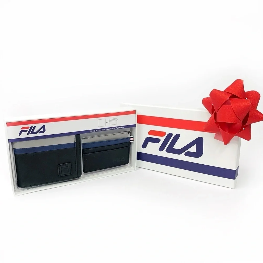 Fila Black Bifold Wallet w/ Blue & Grey Stripe • 9 Card Slots • Gift Box